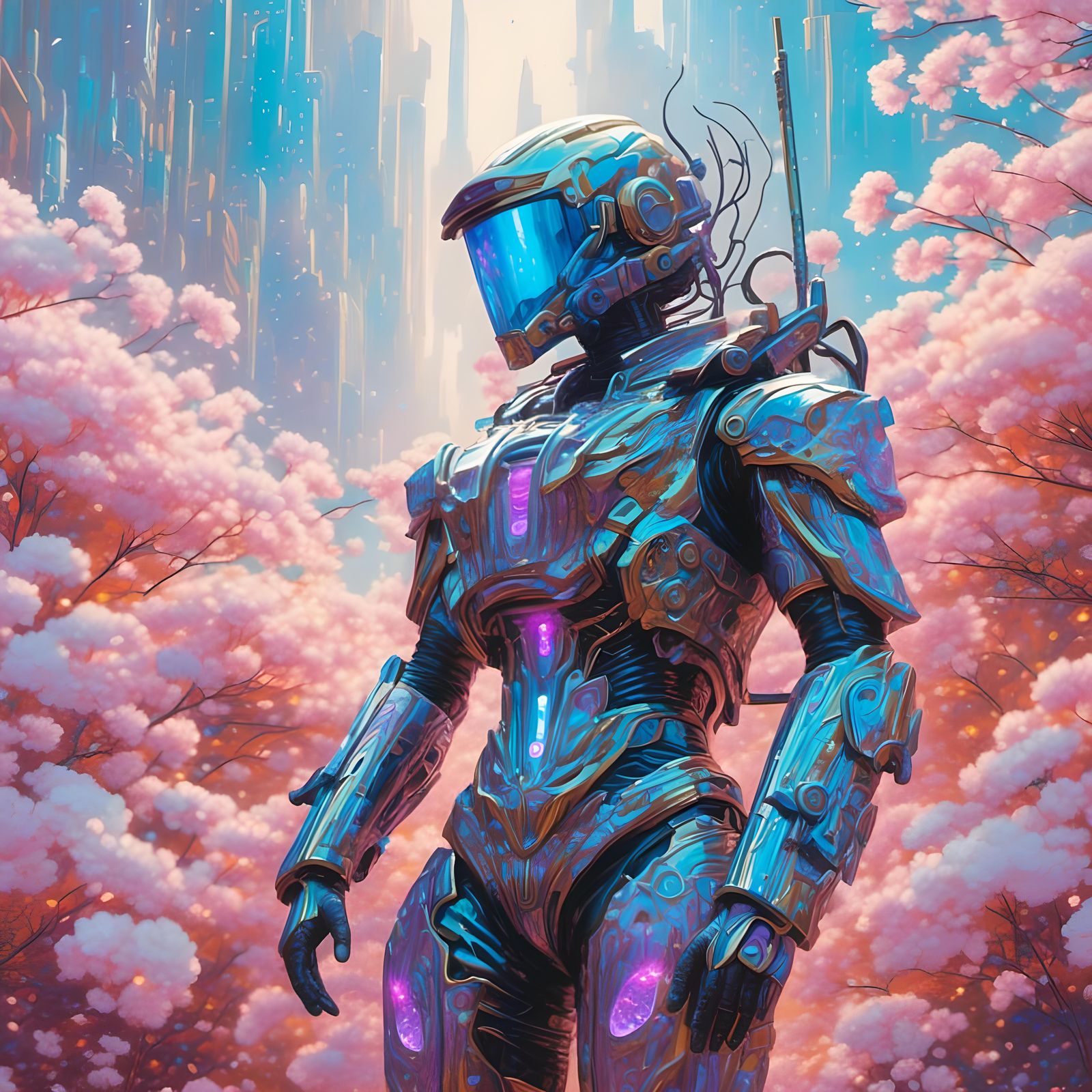 Cyberpunk Astral Figure Soaring Through Floral Sky