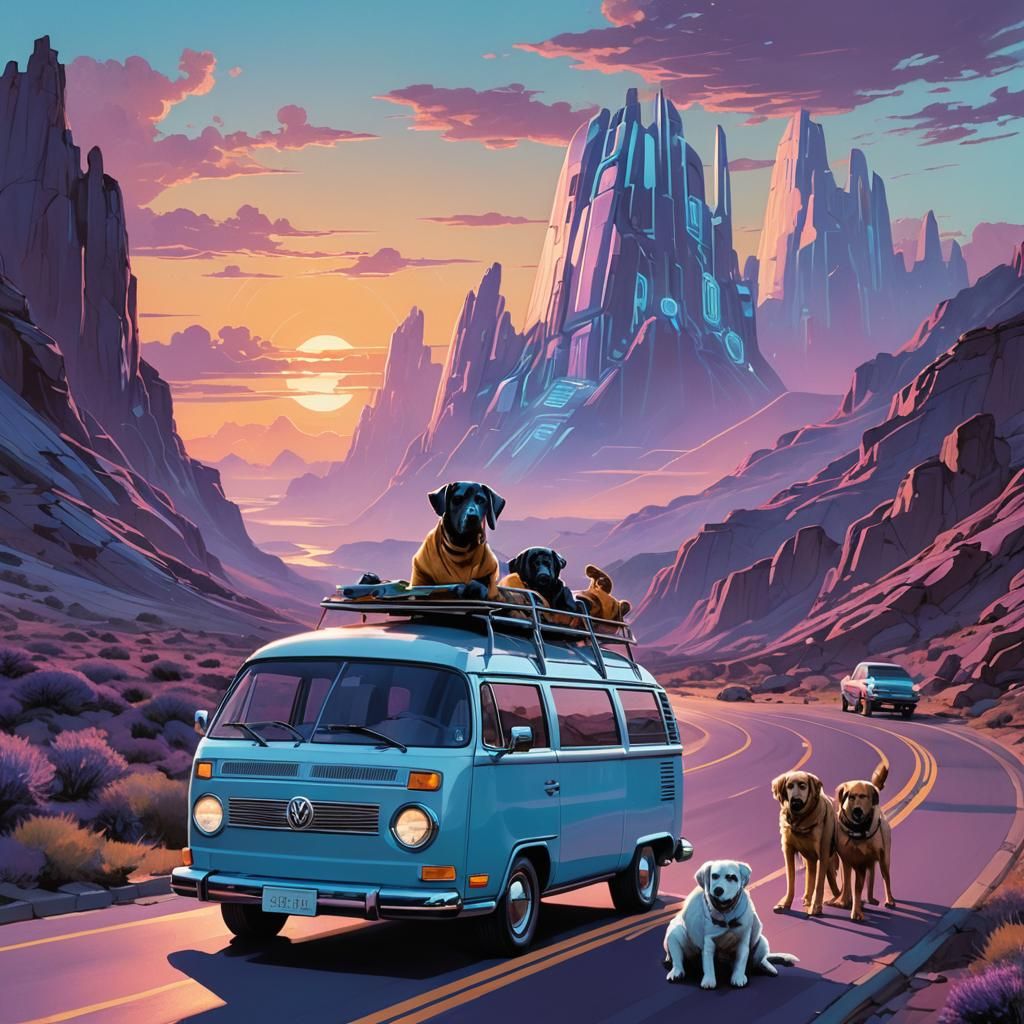 Retro-Futuristic Van with Labradors in Chrome and Neon