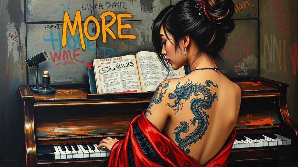 Impasto Painting of Asian Woman with Dragon Tattoo and Piano