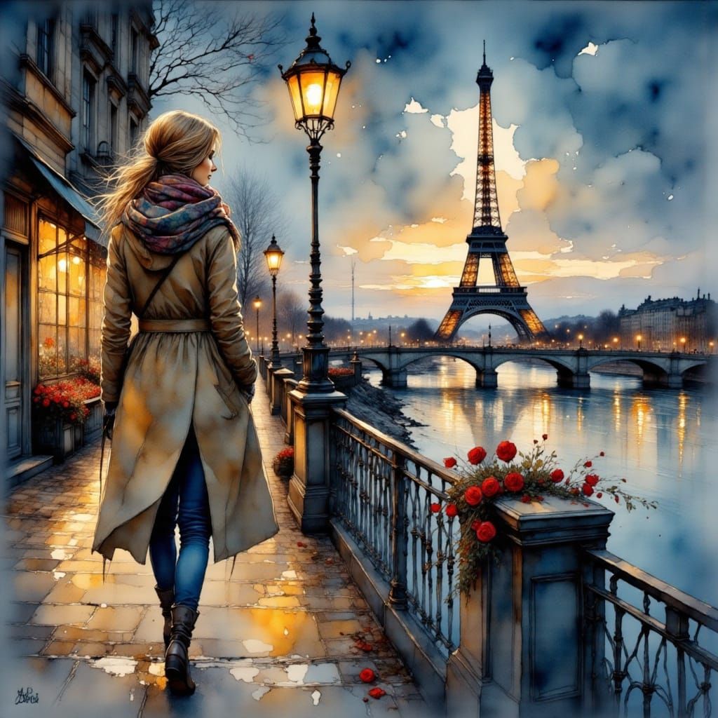 Woman Contemplating the Eiffel Tower at Dusk