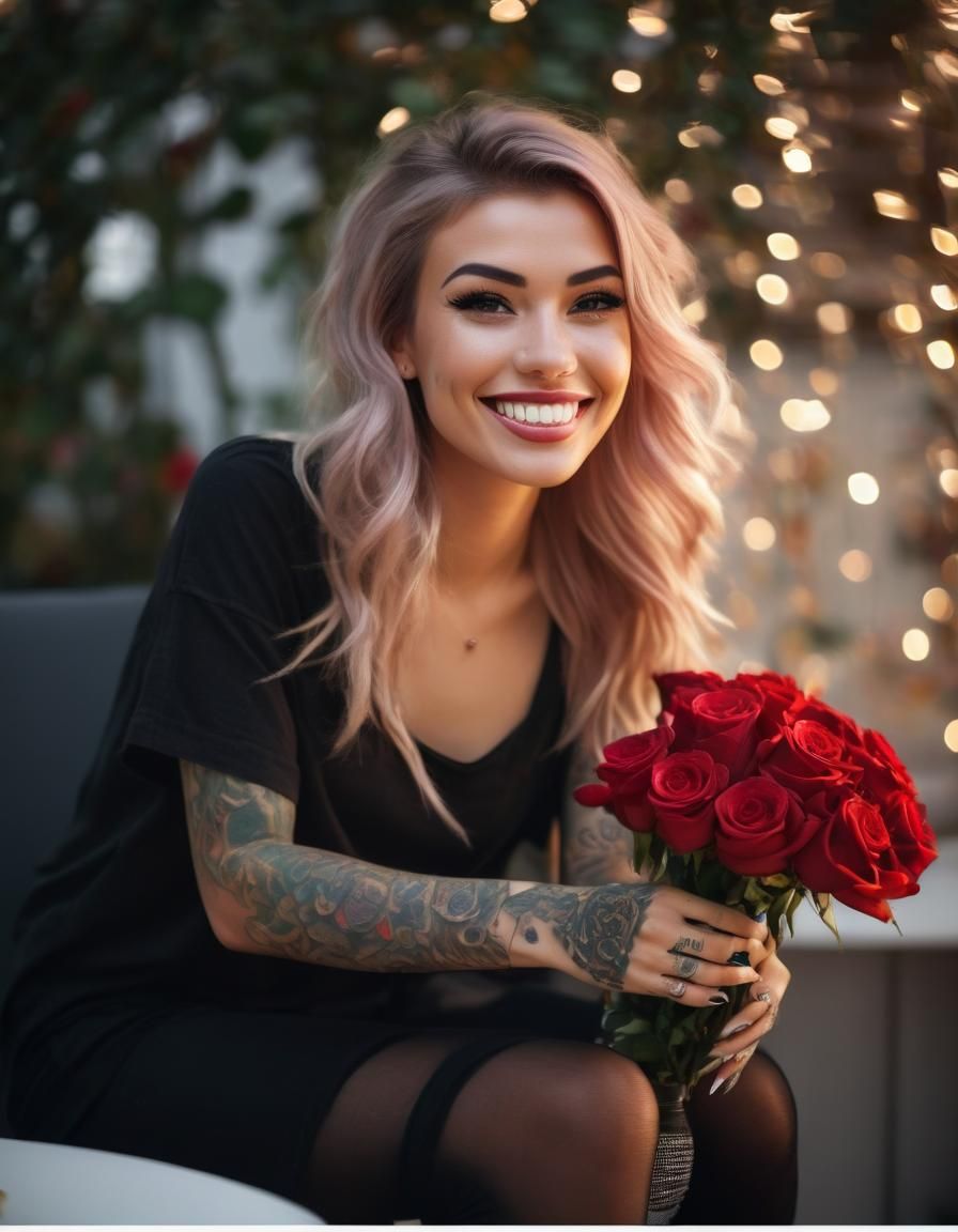 Tattooed Girl Portrait with Roses, Professional Photography