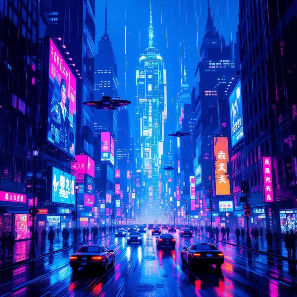 Neon Cyberpunk Cityscape in Expressive Oil Painting Style