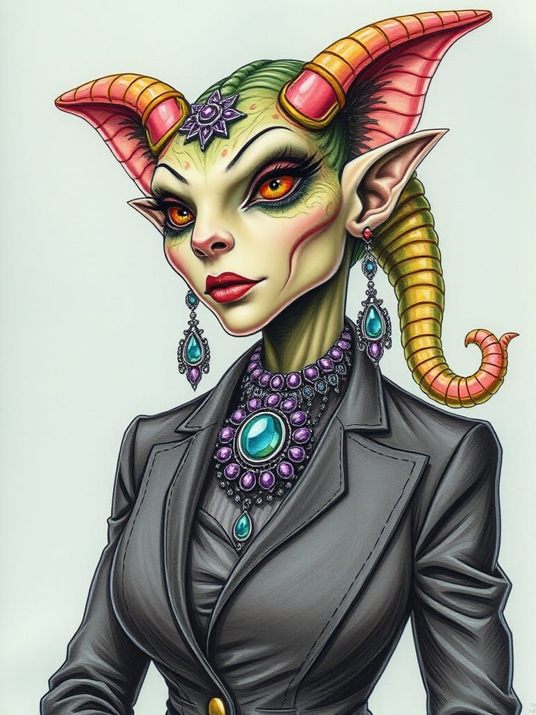 Reptiloid Elf Lady in Business Suit with Fantasy Jewelry