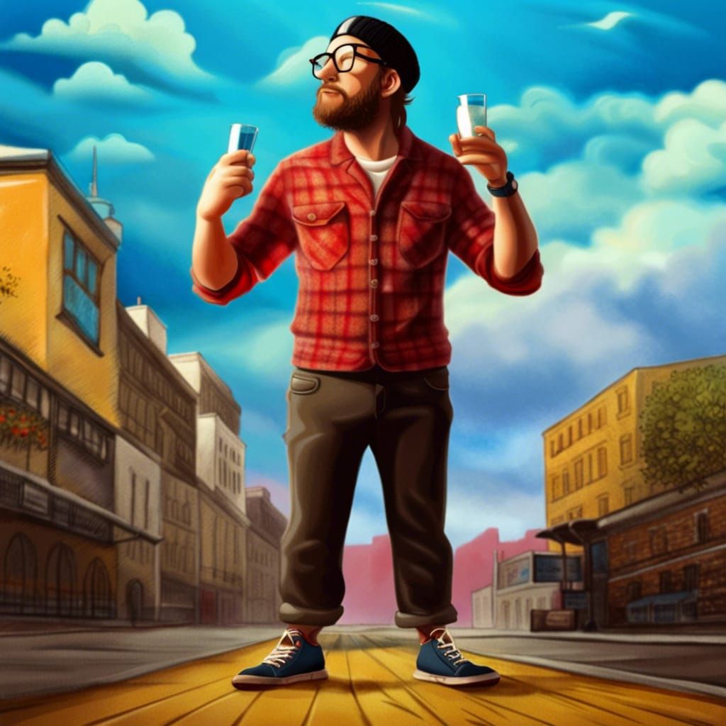 Hipster Illustration in Foggy City, Mixed Media Style