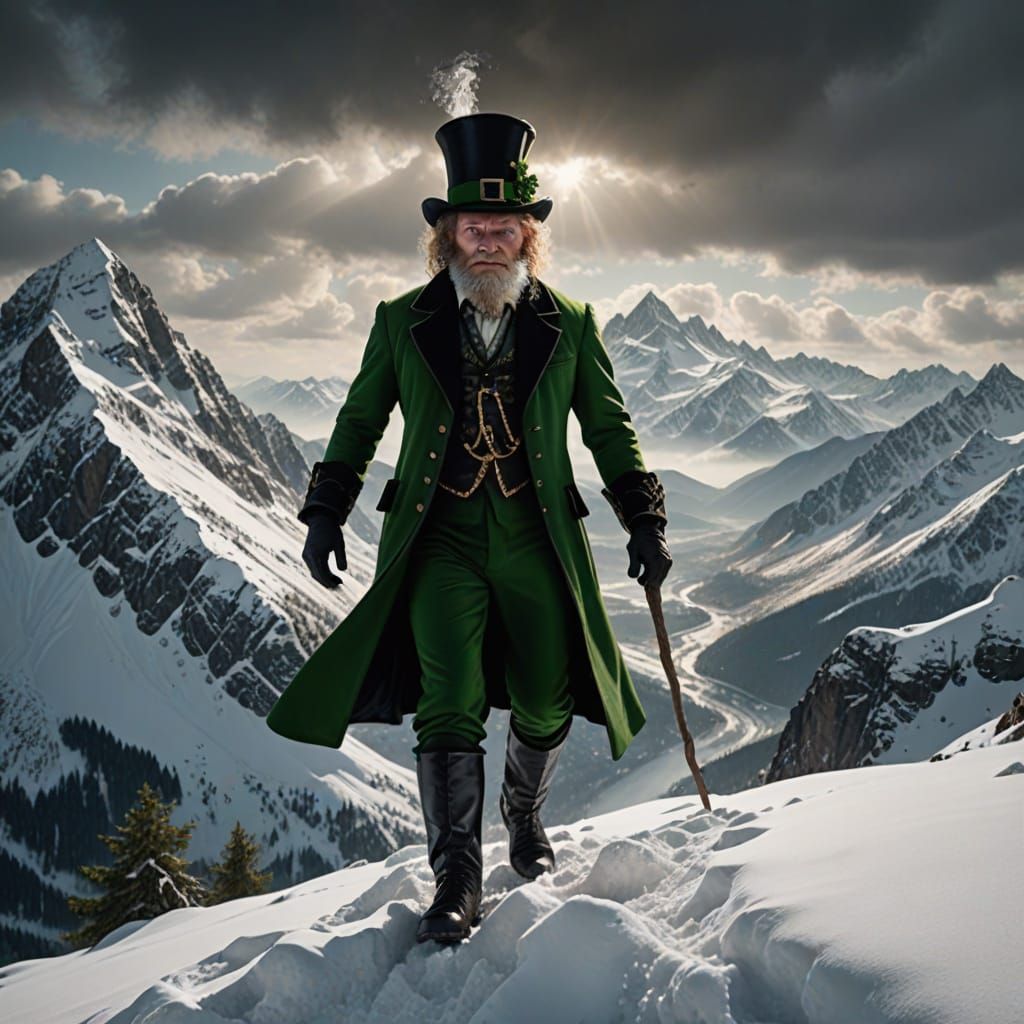 Gothic Leprechaun Skiing Down a Snowy Mountain