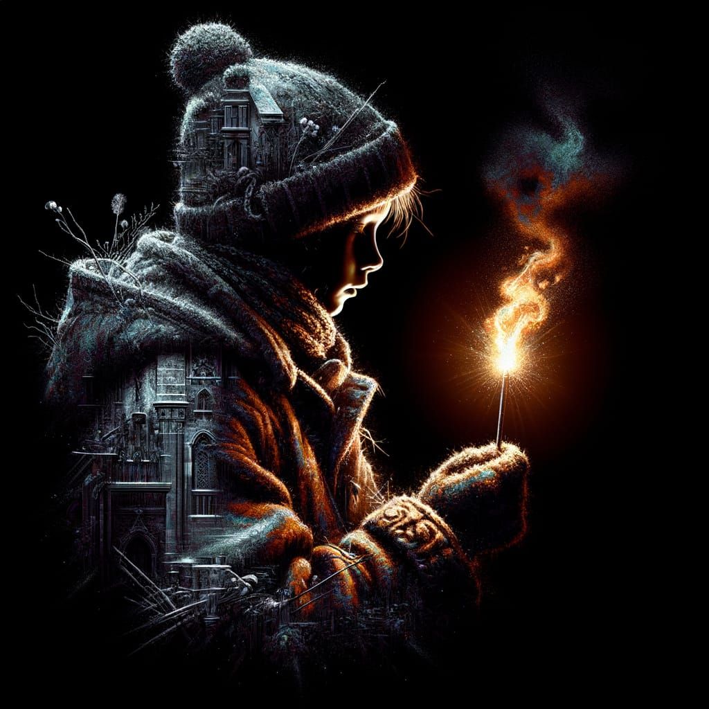 Victorian Girl Silhouette with Tinderstick in Darkness