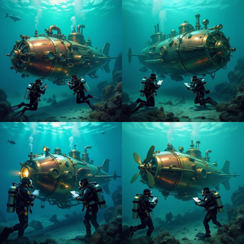 Steampunk Submarine Encounter with Scuba Divers