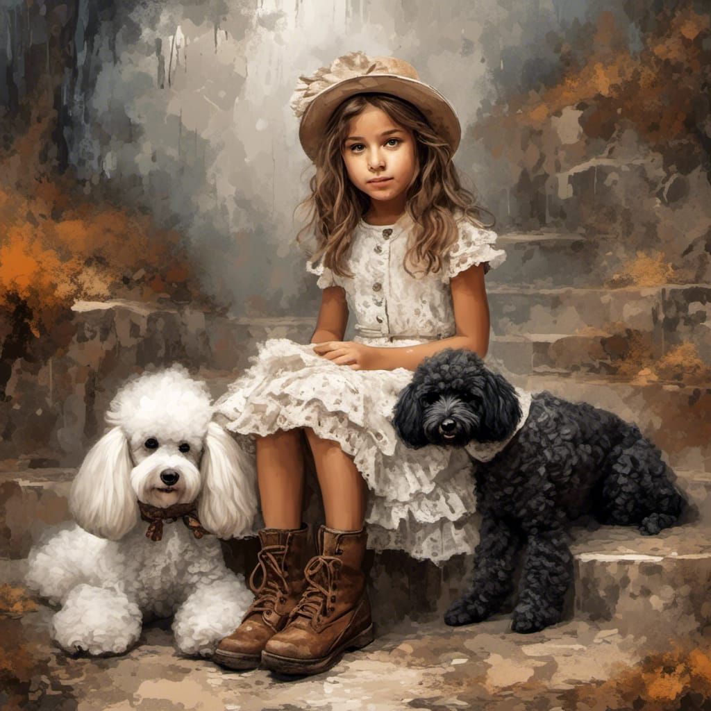 Little Girl with Poodle in Cartoon Painterly Style
