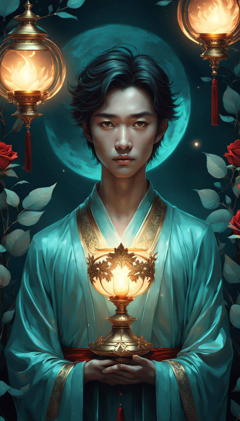 Fantasy Forest Scene with Man in Red Robe and Golden Lamp