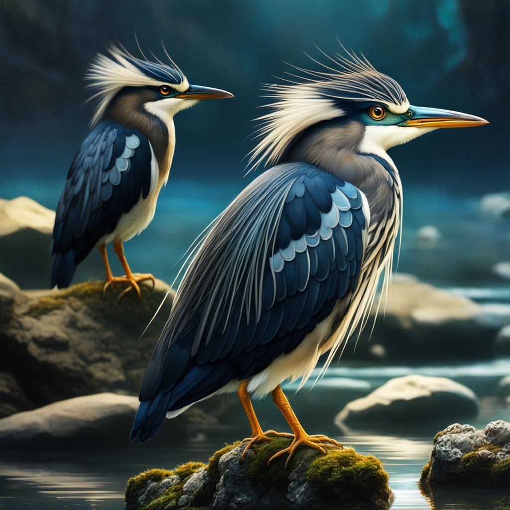 Chibi Anthropomorphic Herons on Reflective Waters