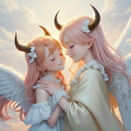 Adorable Devil and Angel in Heaven: Whimsical Digital Art