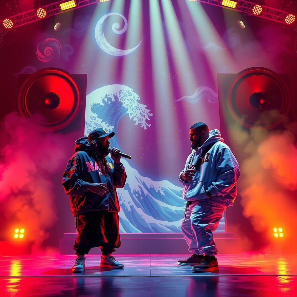 Ukiyo-e Rap Battle on Neon Stage with Speakers