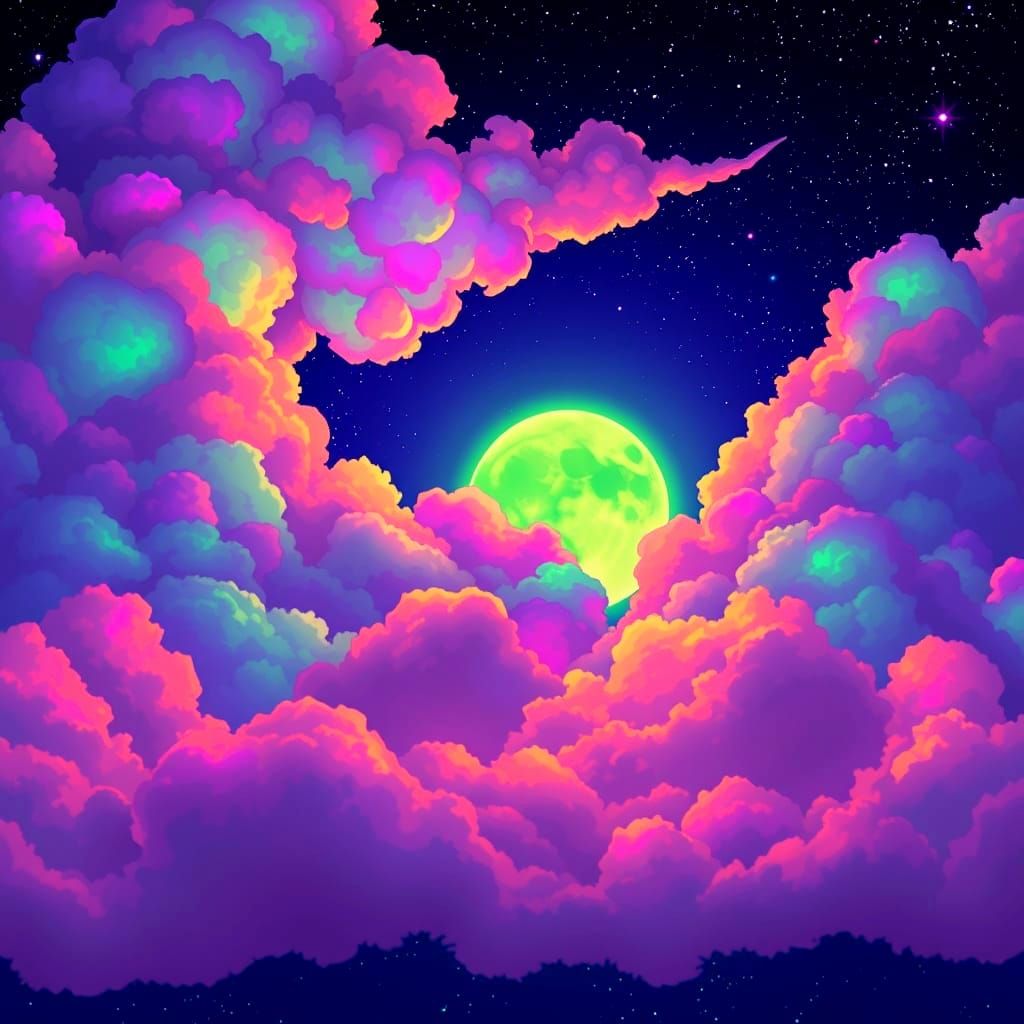 Vibrant Rainbow Clouds Under a Neon Green Moonlit Sky