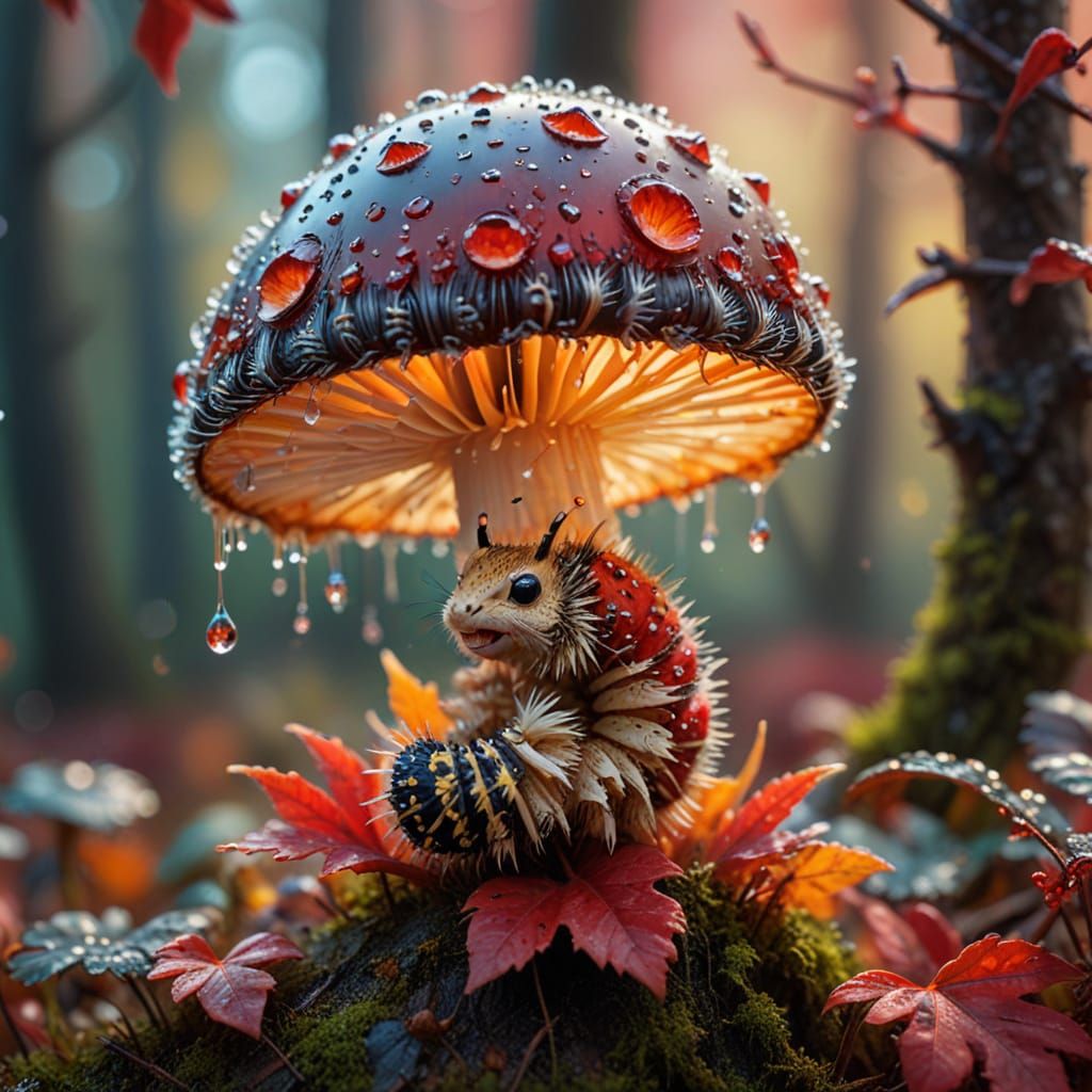Chibi Caterpillar on Red Mushroom in Vibrant Autumn Scene