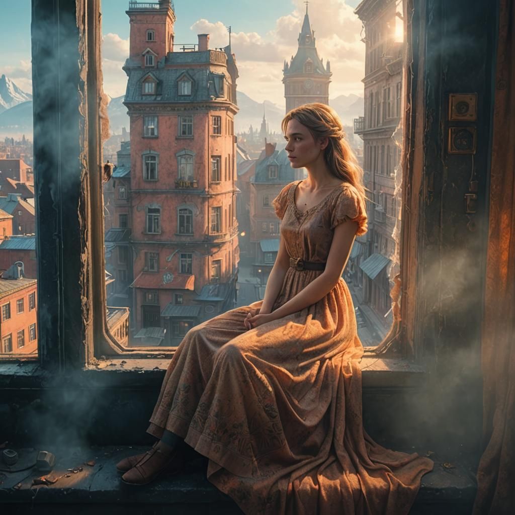 Girl on Windowsill Overlooking Misty City, Matte Painting