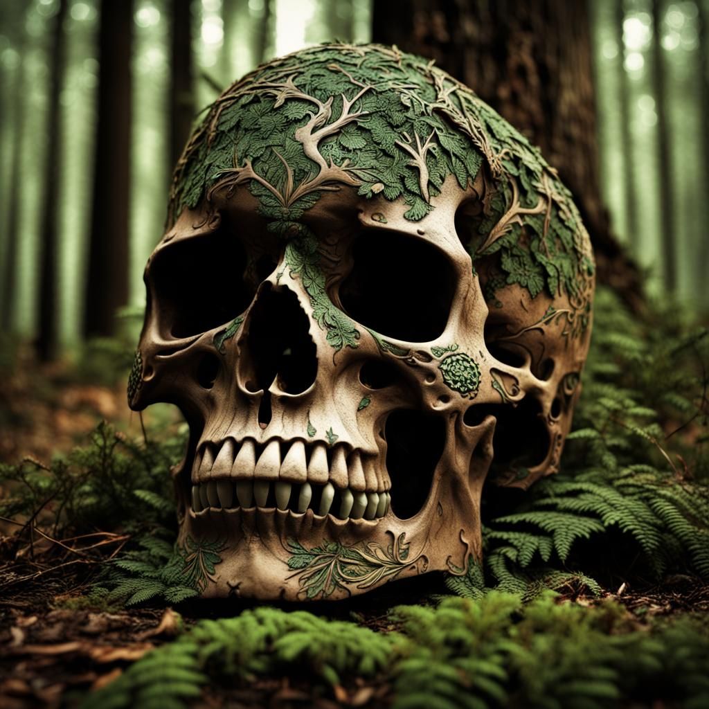 Hyperrealistic Skull in Moody Forest Scene