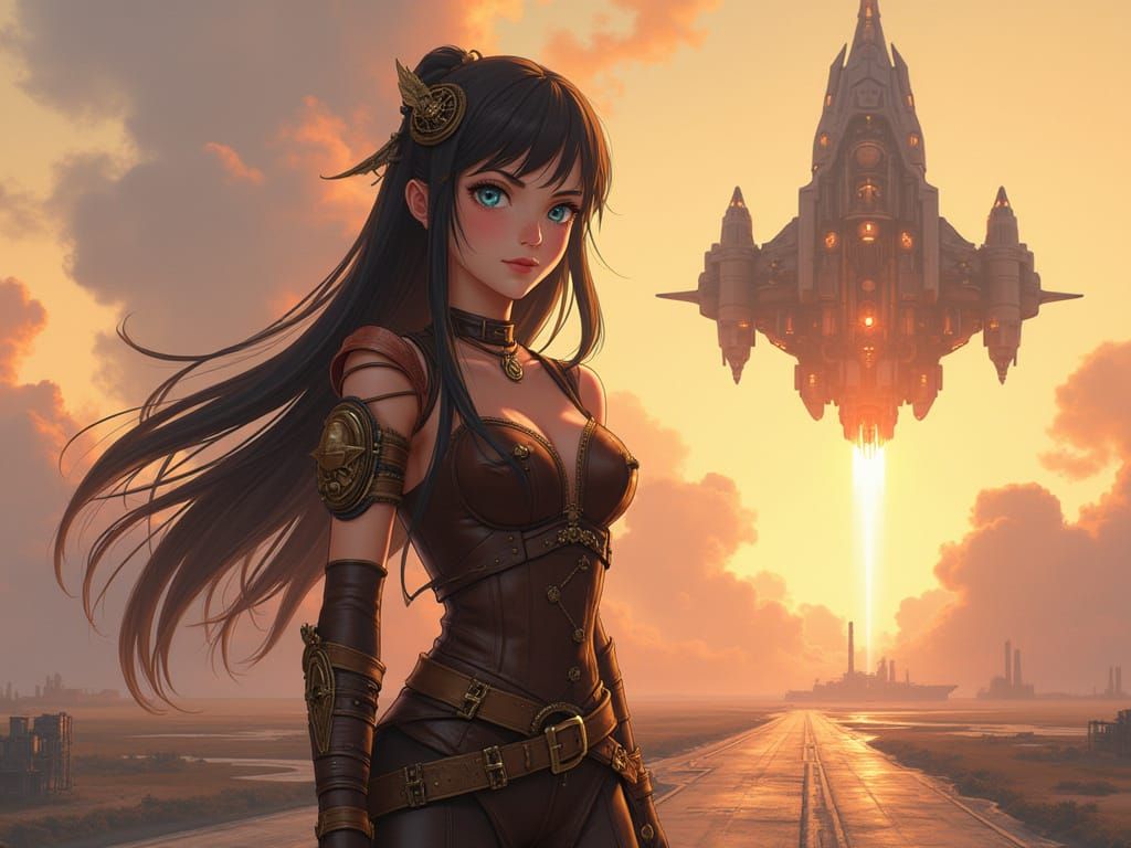 Steampunk Woman in Anime Style Spaceport