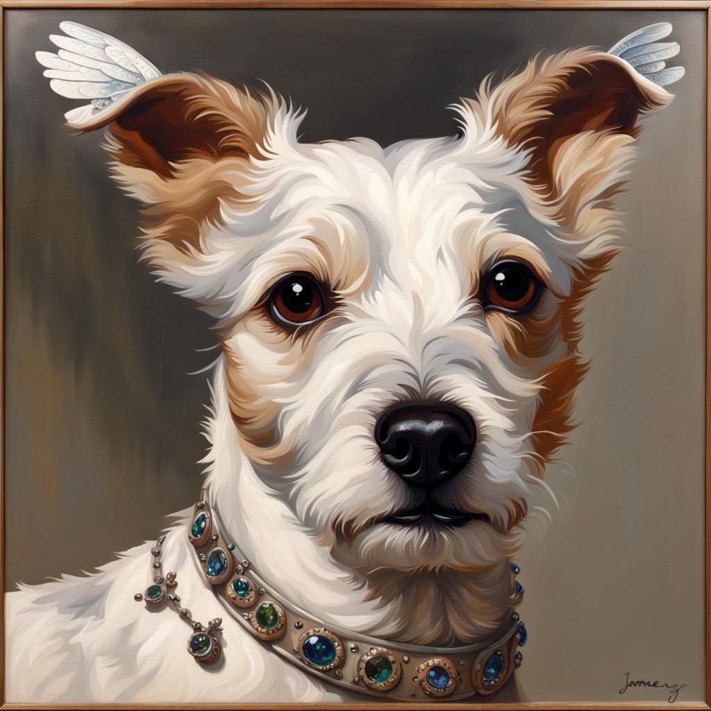 A jack russell terrier with jewelled silver wings