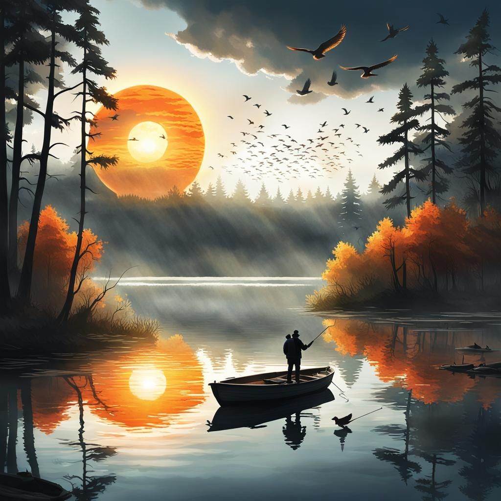 Serene Lake Sunrise: Hyper-Realistic Digital Art