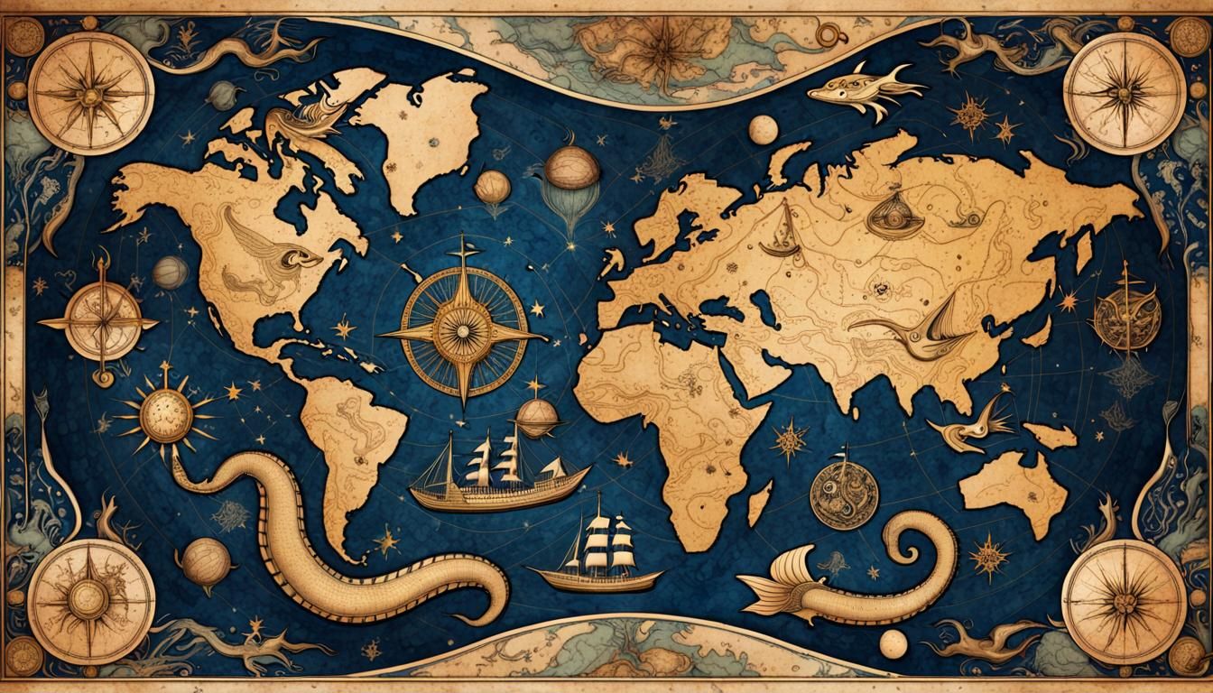 Fantasy Map with Sea Serpents in Piri Reis Style