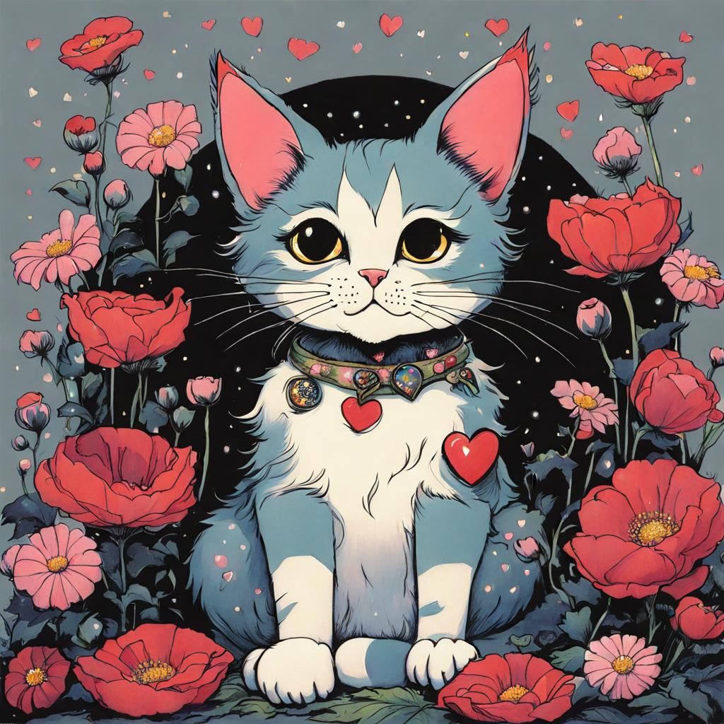 Cute Cat with Flowers in Comic Book Style