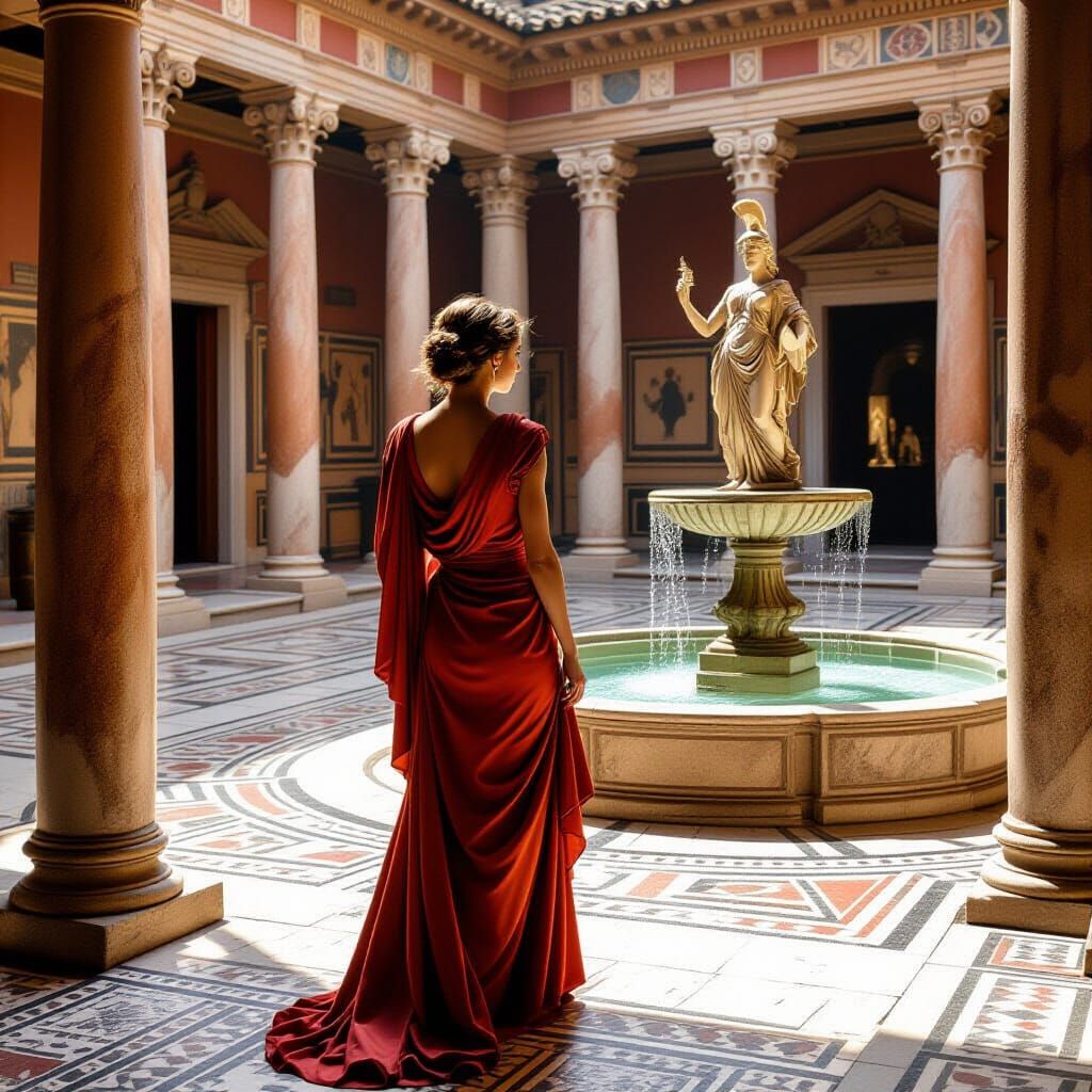 Roman Woman at Atrium Fountain in Digital Painting Style