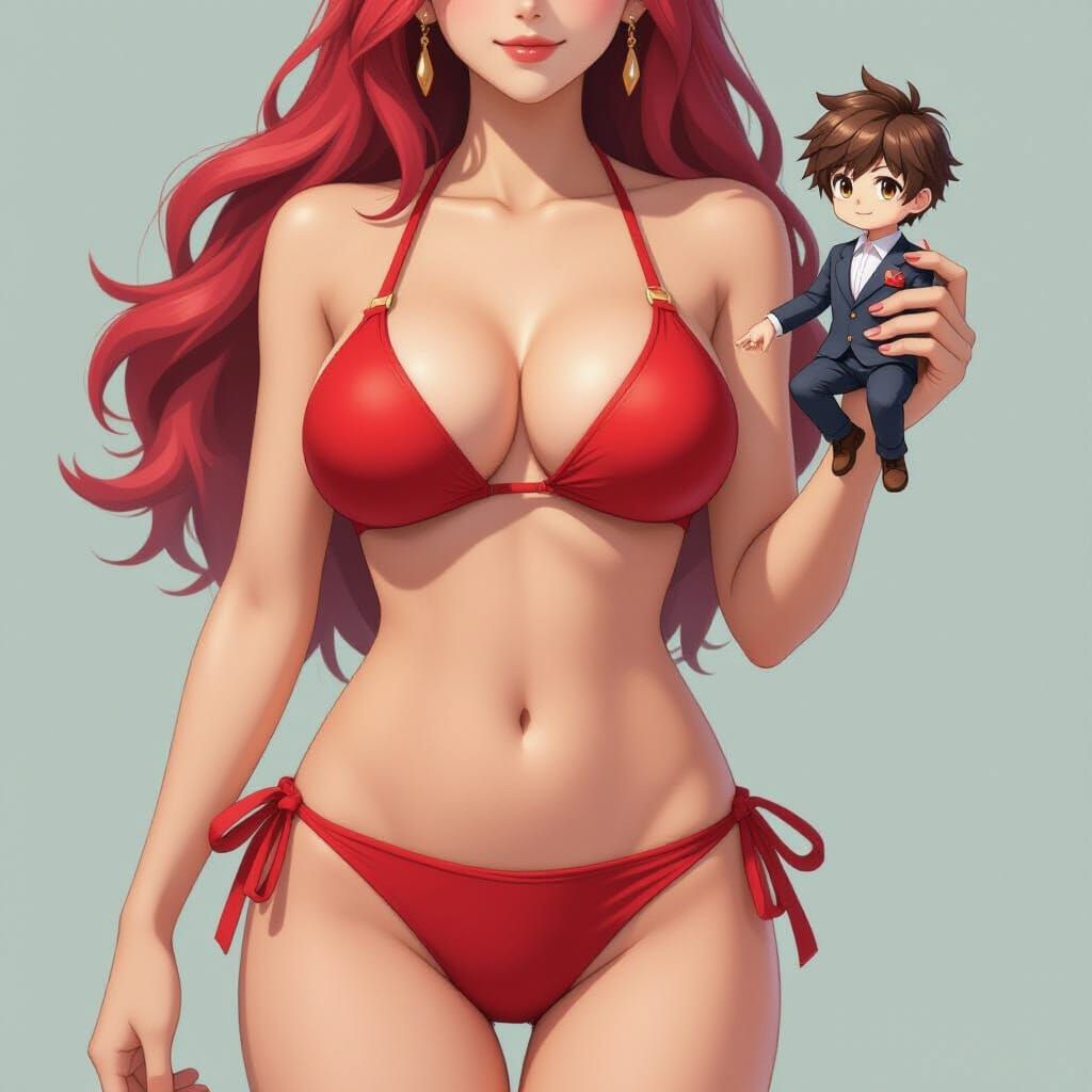 Giant Woman in Bikini Holds Tiny Man in Hand