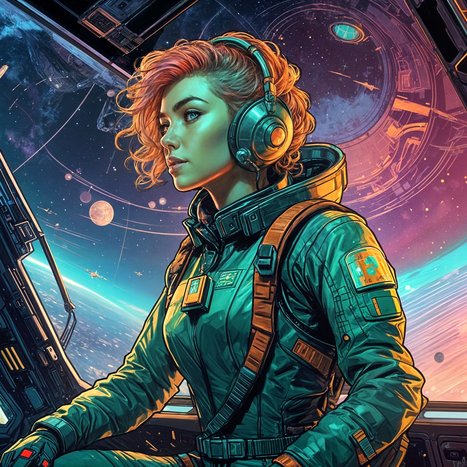Green Haired Star Pilot with Spacecraft