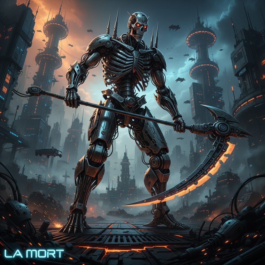 Mechanical Grim Reaper in Sci-Fi Landscape