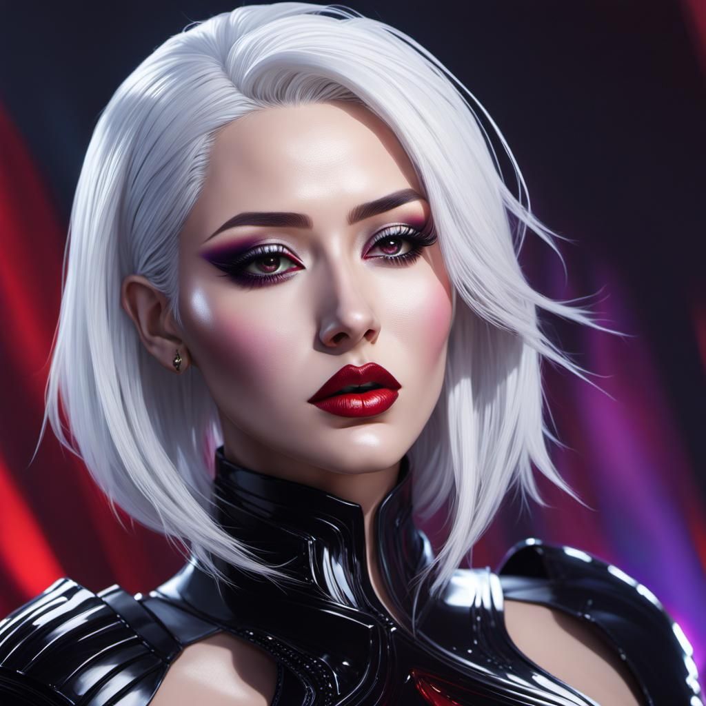 evil, goth AI, upper body, glossy lipstick, white hair