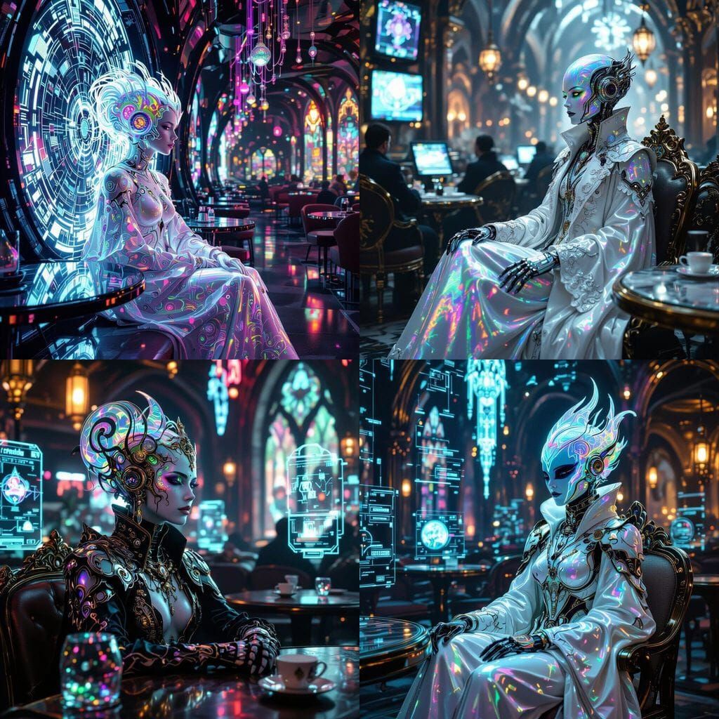 Opalescent Being in Gothic Cafe, Photorealistic Sci-Fi Art