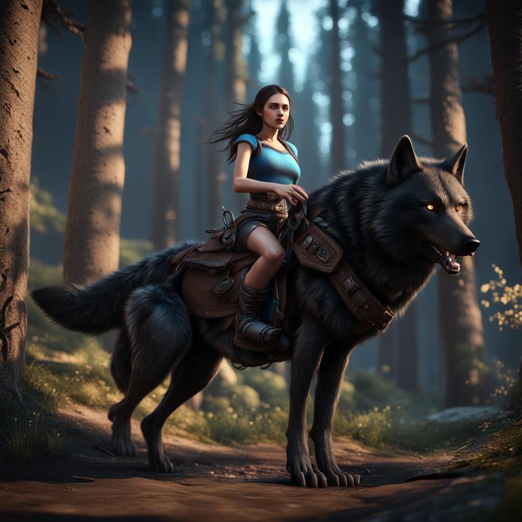 Girl Riding a Black Wolf in 3D Game Style