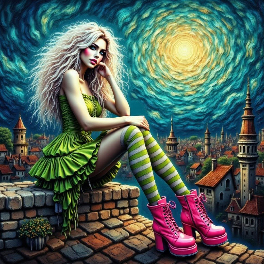 Gothic Doll in Neon, Impasto Rooftop Scene