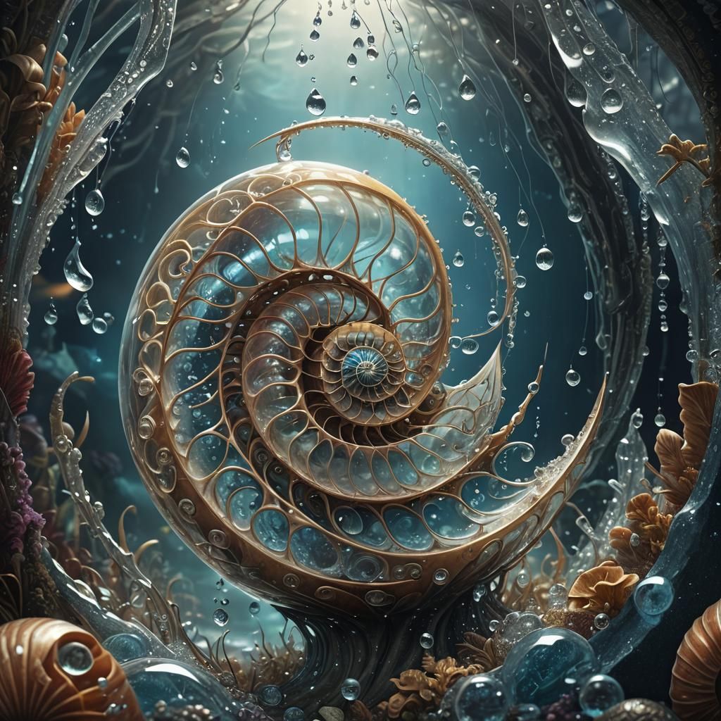 Nautilus in Crystal Waterdrop: Digital Matte Painting