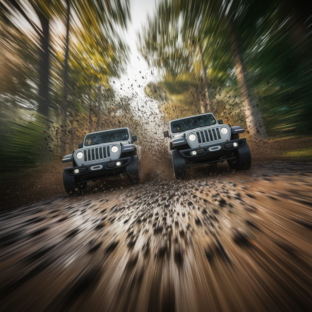 Jeeps Crashing Through Muddy Forest Trail