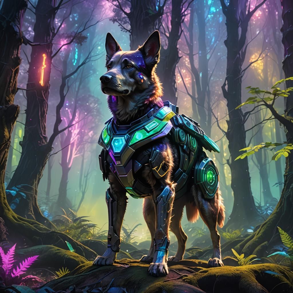Futuristic Armored Dog in Mystical Forest