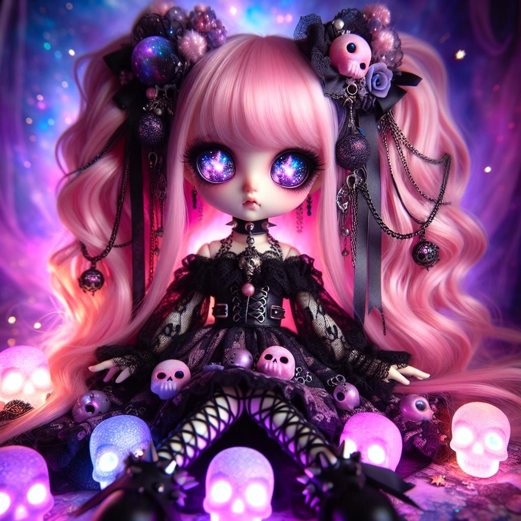Gothic Doll with Galaxy Eyes and Pastel Accents