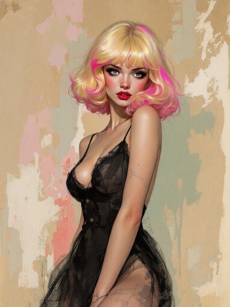 Blond Pin-Up Woman with Pink Hair in Pastel Style