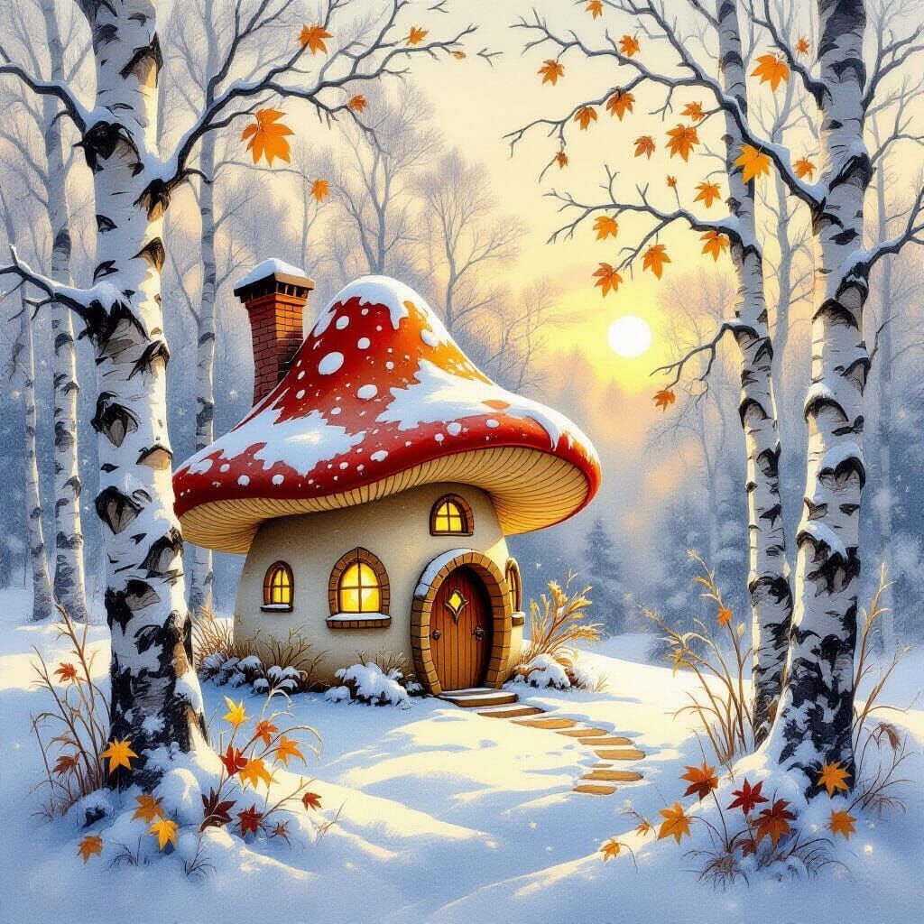 Fairy Tale Mushroom House at Sunset in Pre-Winter