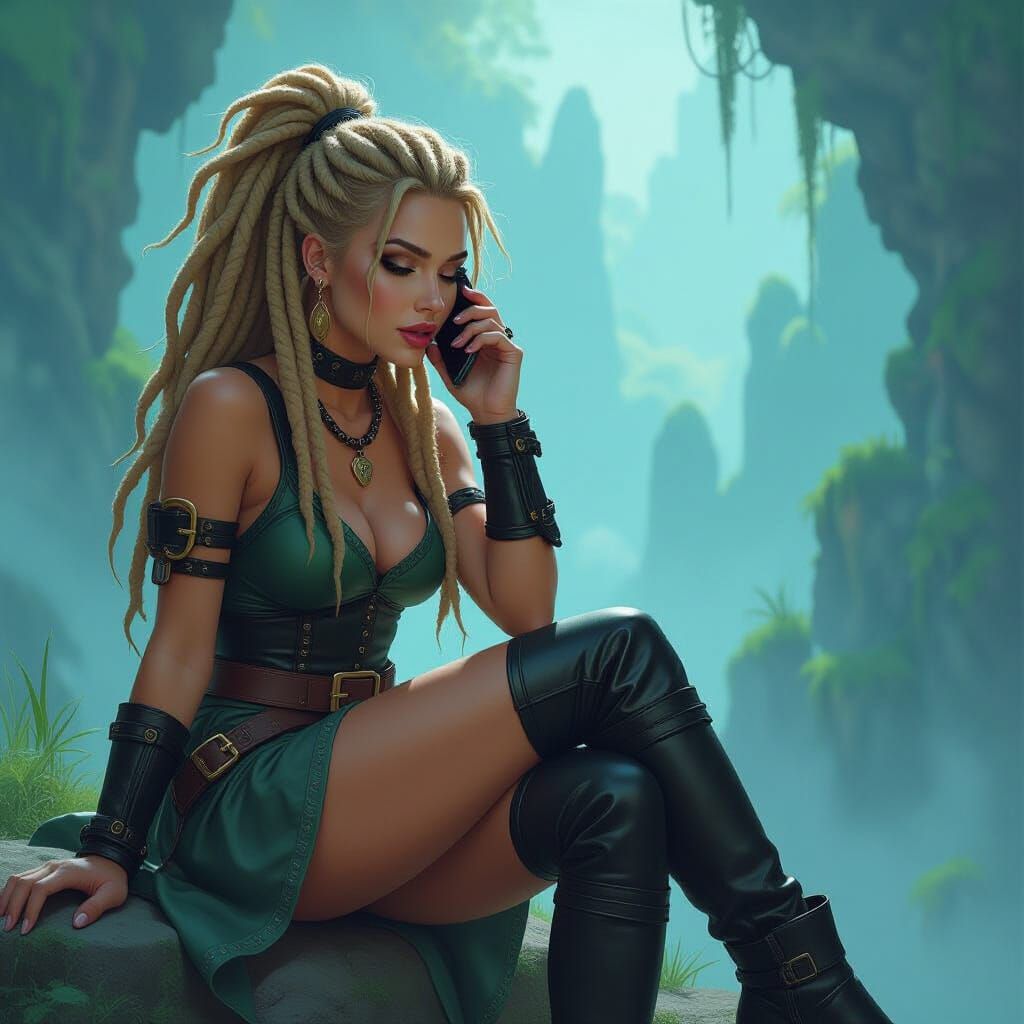 Mystical Warrior Princess on Cellphone in Fantasy Realm