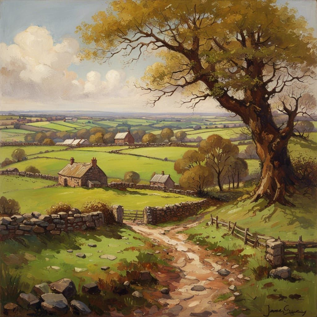 English Moor Farms in Springtime: An Oil Painting