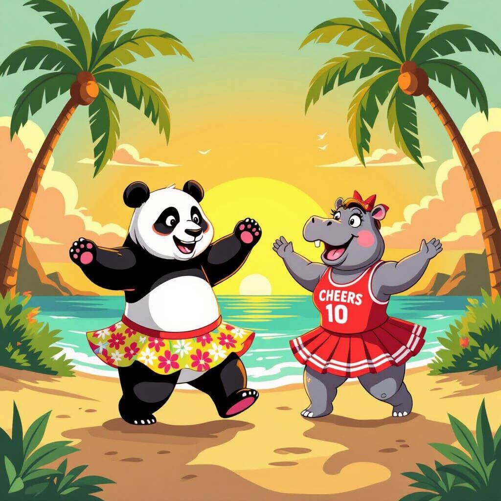 Panda Dancing Salsa with Cheerful Hippo in Hawaii