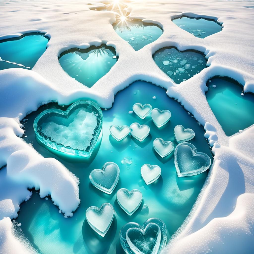 Turquoise Ice Hearts on Frozen Lake