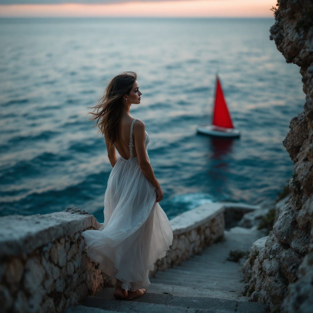 Woman in Rose Dress Gazing at Red Sailboat