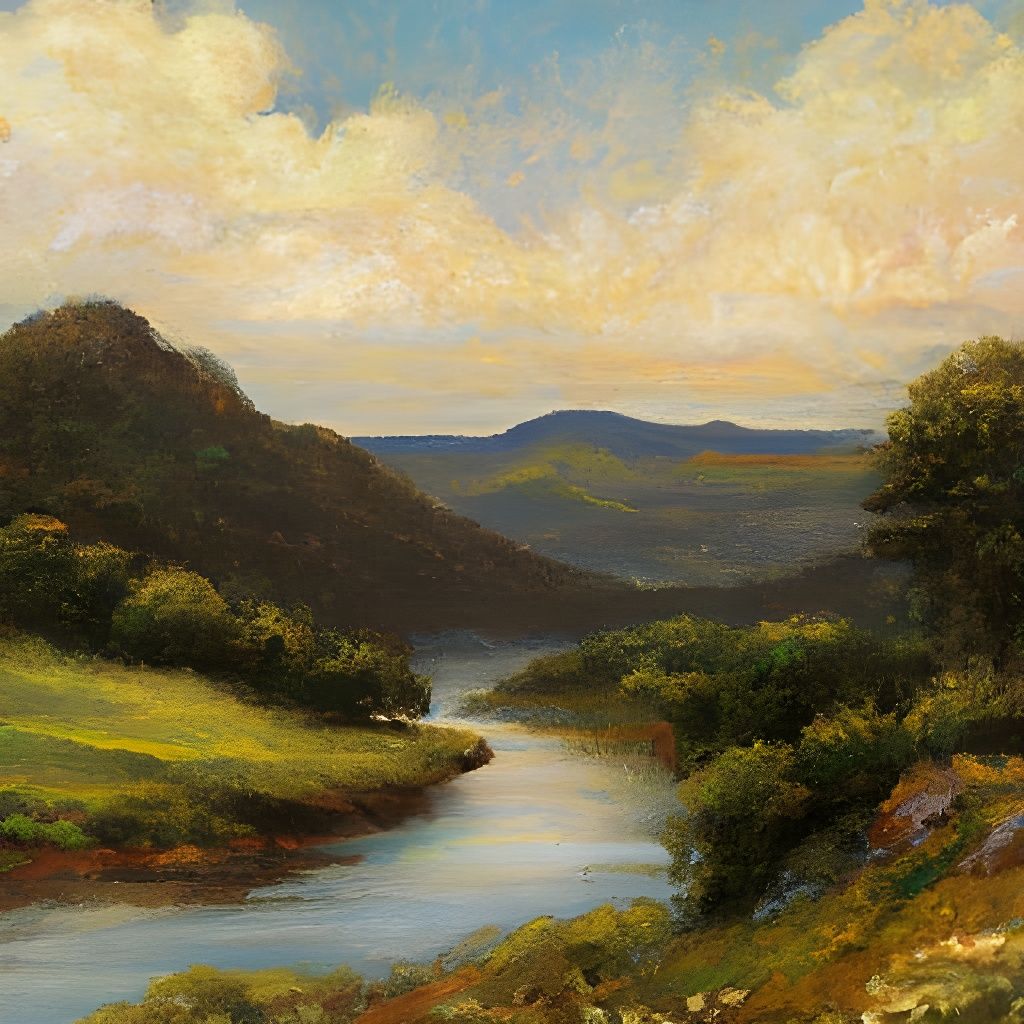 Sunset Landscape Painting with River and Mountains