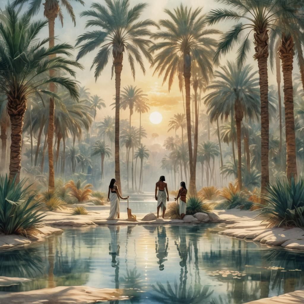 Egyptian Oasis Dreamscape in Watercolor Style