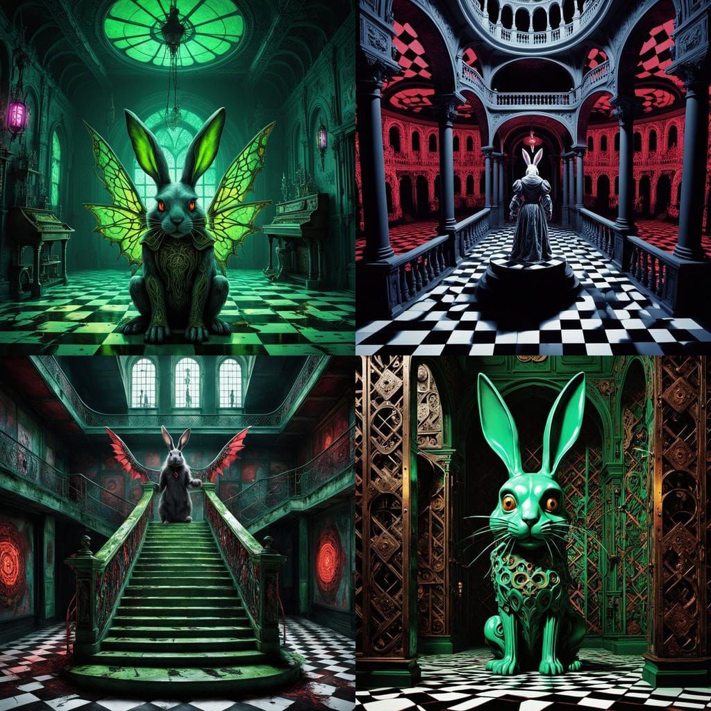 Surrealist Nightmare in Decaying Gingham Mansion with Escher...