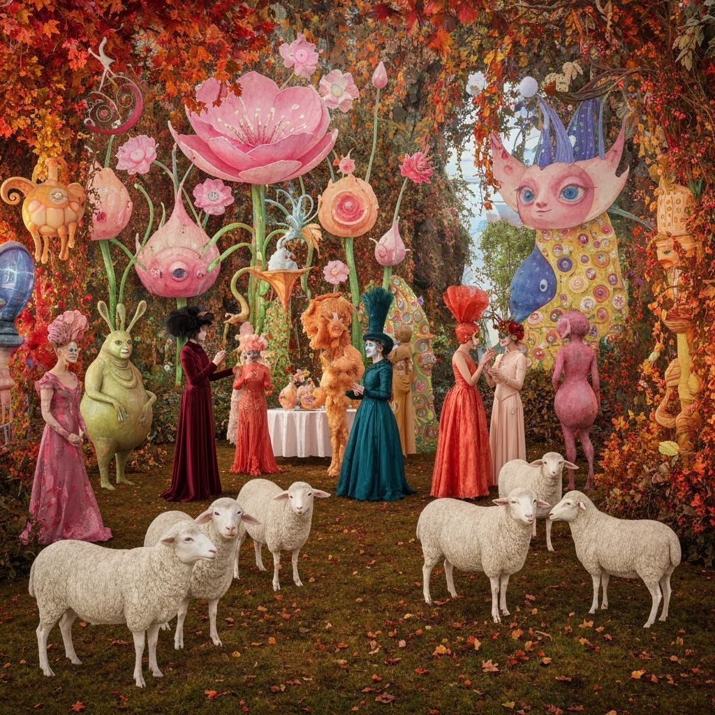 Surreal Garden Party with Sheep, Dreamlike and Whimsical