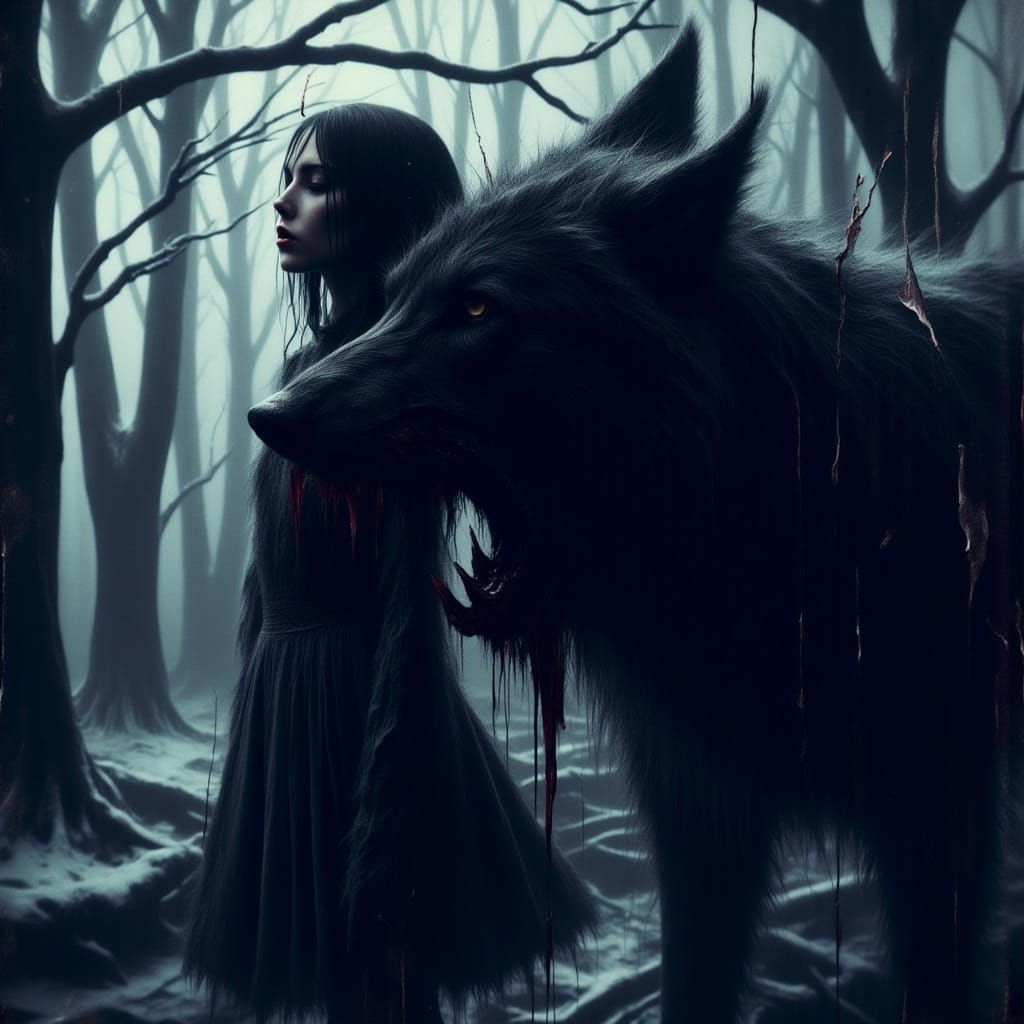 Girl and Black Wolf in Dark Fantasy Style