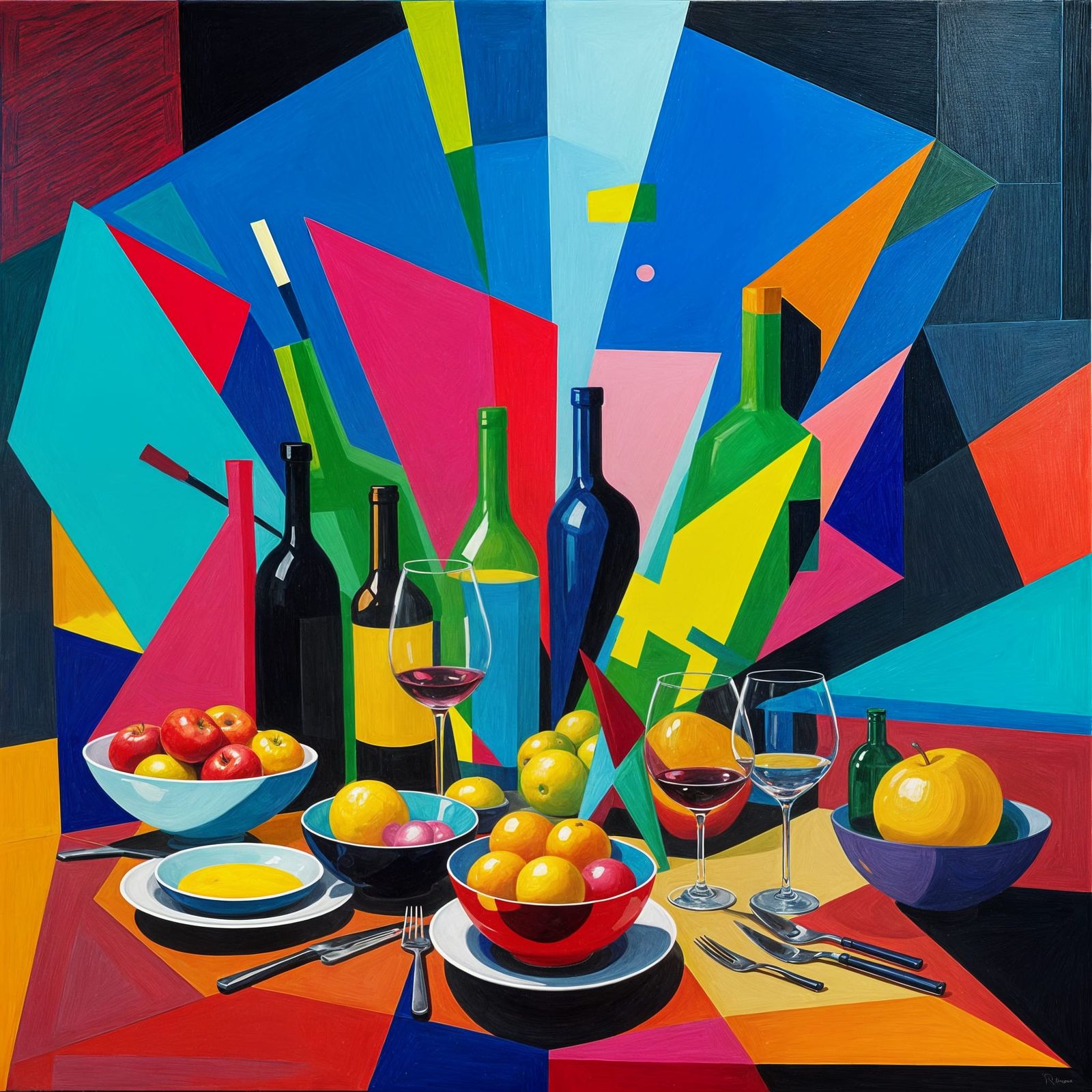 Cubist Dining Scene with Bold Geometric Shapes